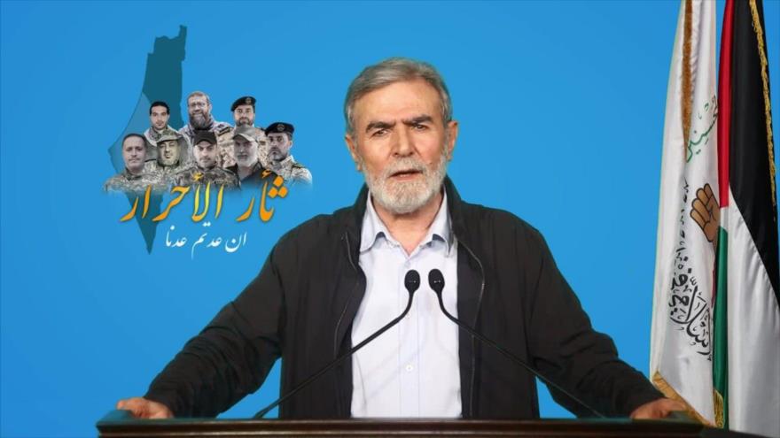 El secretario general de la Yihad Islámica, Ziad al-Najala, ofrece un discurso televisivo, 14 de mayo de 2023.
