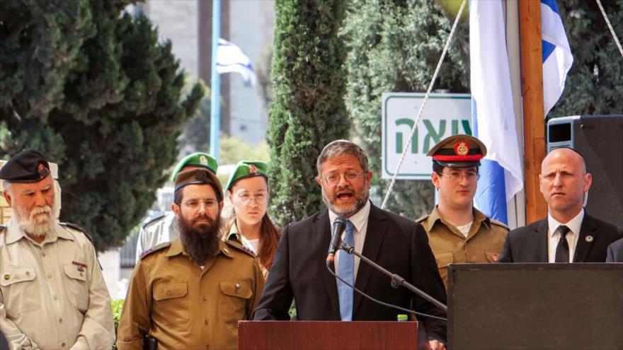 El ministro de seguridad israelí, Itamar Ben-Gvir, habla en un mitin.