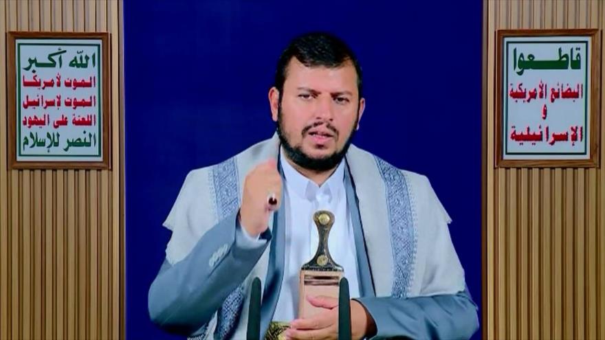 El líder del movimiento yemení Ansarolá, Abdulmalik al-Houthi, ofrece un discurso televisivo, 23 de mayo de 2023.