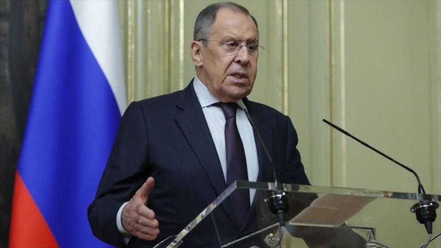 El ministro de Asuntos Exteriores de Rusia, Serguéi Lavrov, en una conferencia de prensa en Moscú, 26 de mayo de 2023.