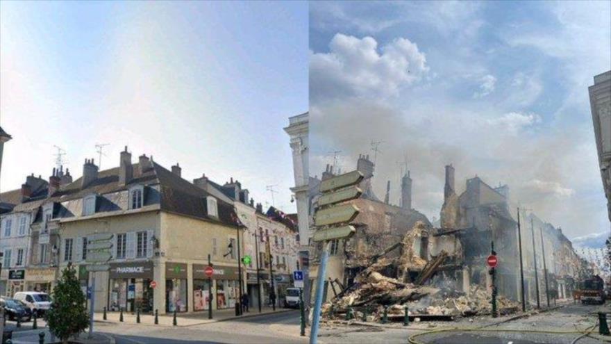 La farmacia histórica del municipio de Montargis en Francia, tras el incendio, el 1 de julio de 2023