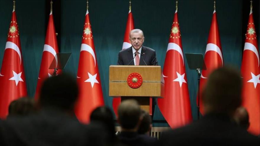 El presidente turco, Recep Tayyip Erdogan, en una conferencia de prensa en Ankara, 3 de julio de 2023. 
