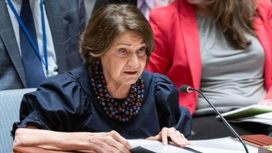 Rosemary DiCarlo, secretaria general adjunta de la ONU para asuntos políticos y de consolidación de la paz, durante una reunión del CSNU, 6 de julio de 2023.