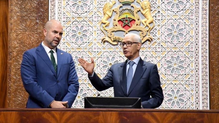 El presidente del parlamento de Marruecos, Rachid Talbi Alami, y su homólogo israelí, Amir Ohana, en Rabat, 8 de junio de 2023. (Foto: AFP)