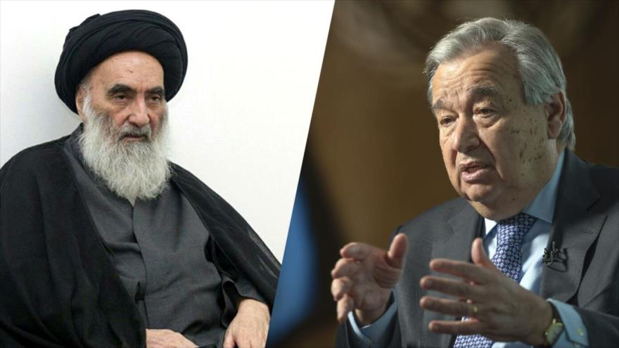 El máximo clérigo chií de Irak, el ayatolá Seyed Ali Sistani, y el secretario general de la ONU, António Guterres.