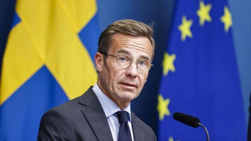 El primer ministro sueco, Ulf Kristersson, en una rueda de prensa en Estocolmo, Suecia, 1 de agosto de 2023. Foto: AP