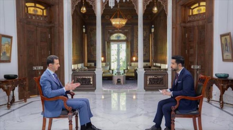 El presidente de Siria, Bashar al-Asad, en una entrevista en el palacio presidencial en Damasco. 09 de agosto de 2023.