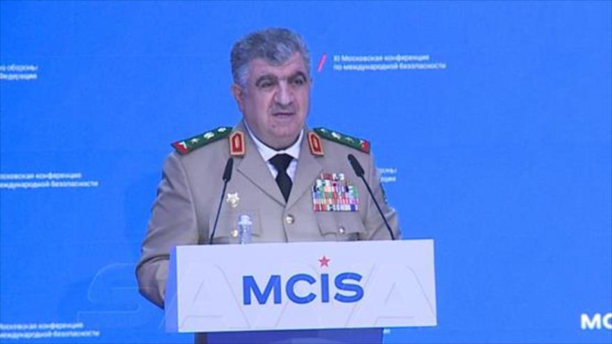 El ministro de Defensa de Siria, Mayor general Ali Mahmud Abas, en la Conferencia de la Seguridad de Moscú que se celebró en agosto de 2023. (Fuente: SANA) 