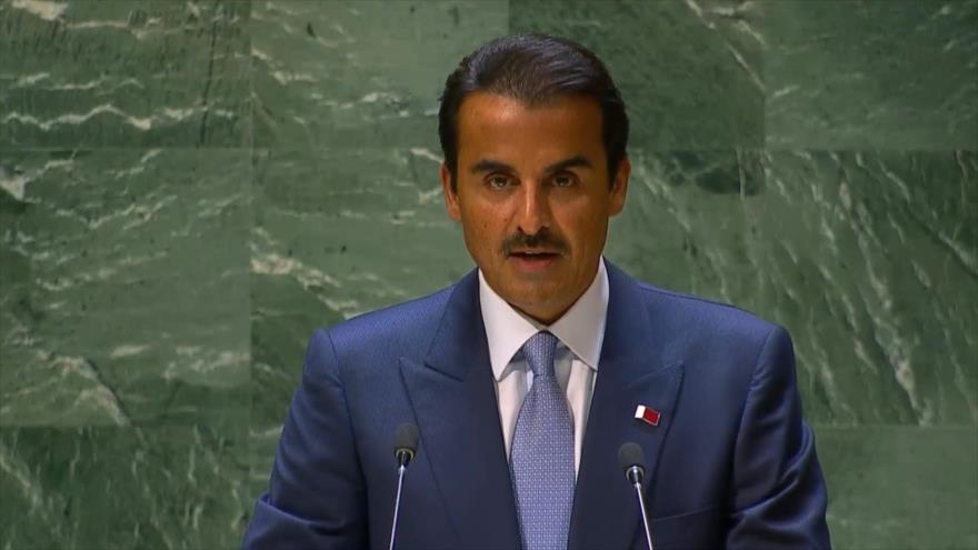 El emir de Catar, el sheij Tamim bin Hamad Al Thani, ante la 78ª Asamblea General de las Naciones Unidas (AGNU), en Nueva York. 19 de septiembre de 2023