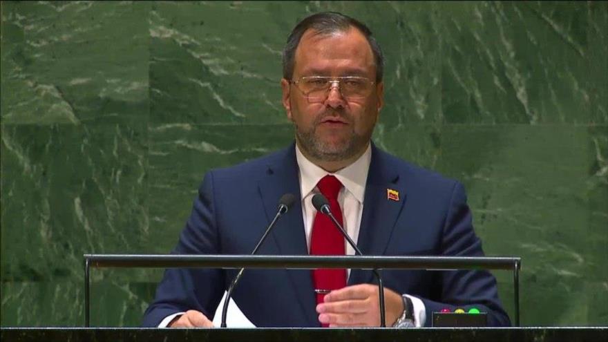 El canciller venezolano, Yván Gil, ofrece un discurso en la Asamblea General de la ONU, en Nueva York, EE.UU., 23 de septiembre de 2023.