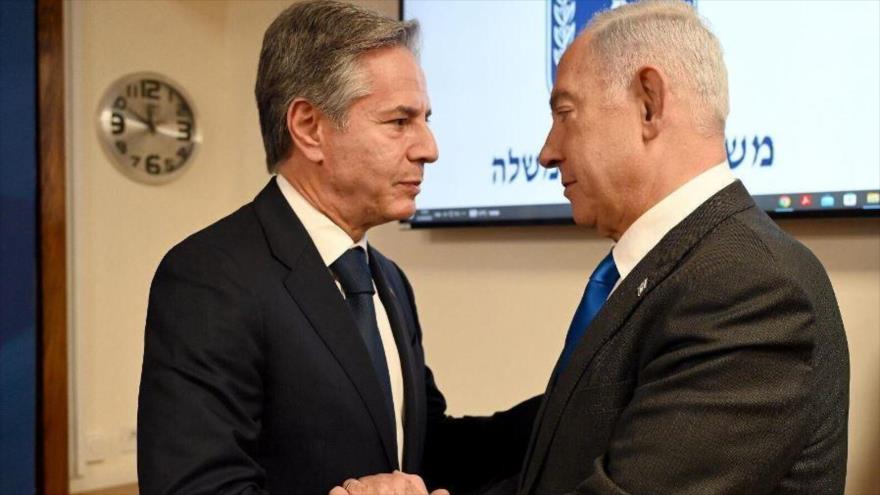 El secretario de Estado de EE.UU., Antony Blinken, visita al premier israelí, Benjamín Netanyahu, territorios ocupados, 12 de octubre de 2023. 