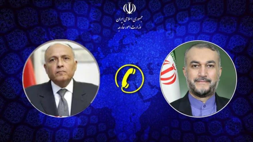 El canciller iraní, Hosein Amir Abdolahian (dcha.), y su homólogo egipcio, Sameh Shukri.