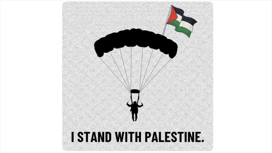 Pegatina de solidaridad en apoyo a la Resistencia, con el eslogan, Palestina estoy a tu lado. 

