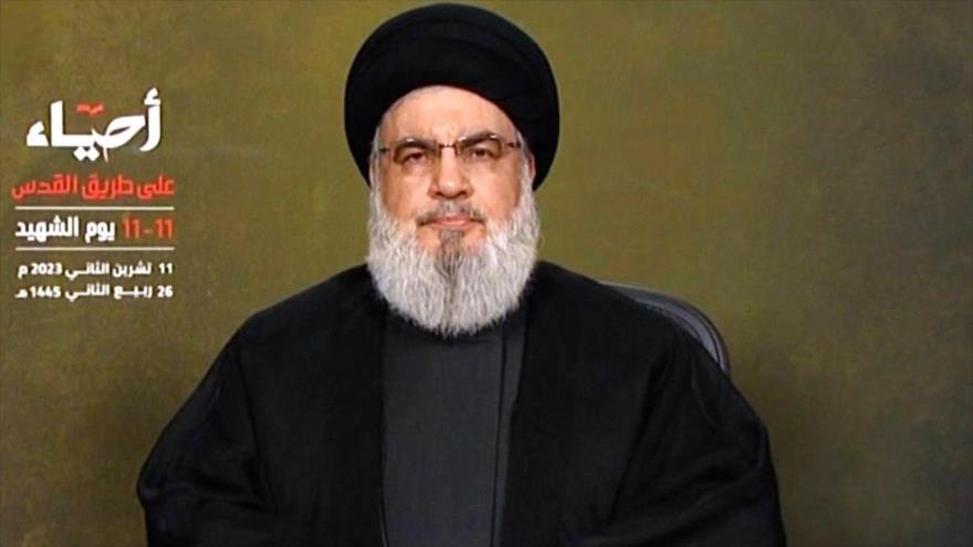 El líder de Hezbolá, Seyed Hasan Nasralá, ofrece discurso, 11 de noviembre de 2023.