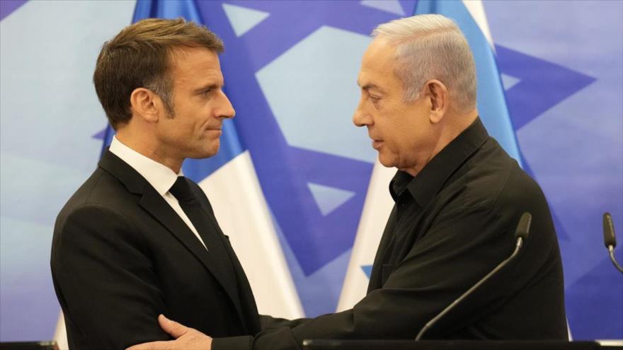 El presidente francés, Emmanuel Macron (izqda.), y el primer ministro israelí, Benjamín Netanyahu, 24 de octubre de 2023. (Foto:EFE)