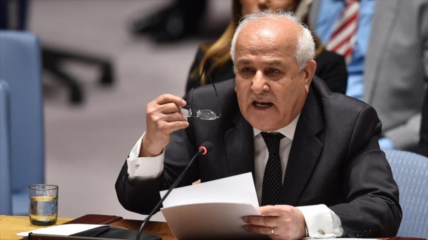 El representante de Palestina ante la ONU, Riad Mansur, habla durante una sesión del Consejo de Seguridad, Nueva York.