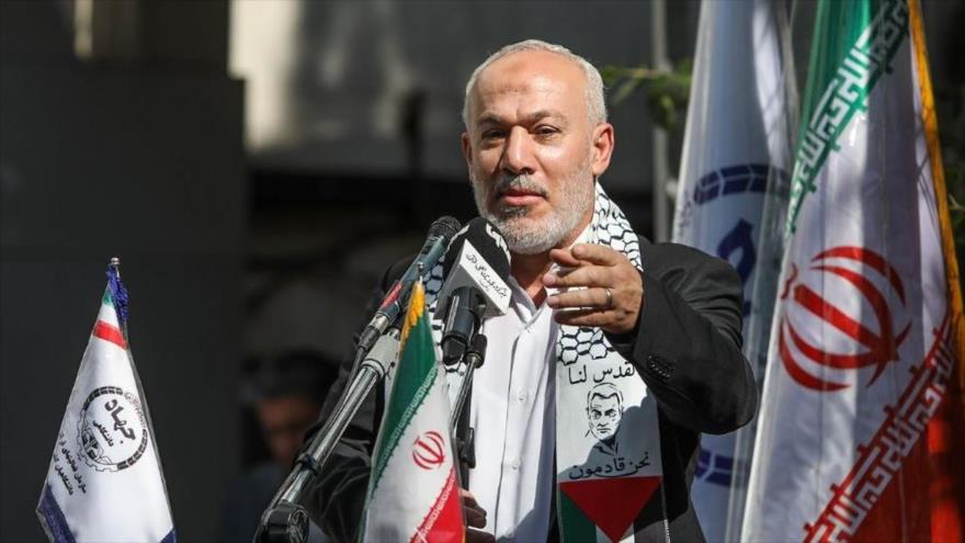 El representante de la Yihad Islámica Palestina en Irán, Naser Abu sharif, ofrece un discurso en Teherán. 