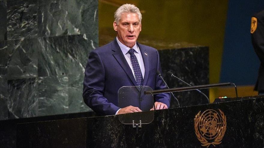 El presidente cubano, Miguel Díaz-Canel, pronuncia un discurso en la Asamblea General de la ONU, Nueva York, 26 de septiembre de 2018.