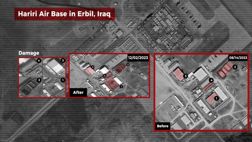 Una fotografía publicada por The Cradle muestra la base aérea de Al-Harir antes y después de los recientes ataques con aviones no tripulados por parte de la resistencia iraquí.