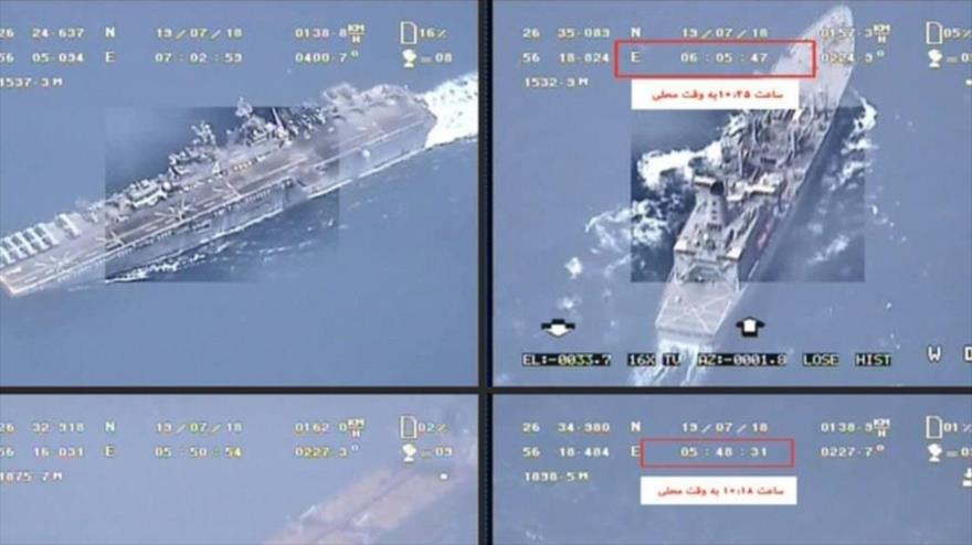 Una combinación de imágenes satelitales de la incautación de 2 buques de guerra británicos por Irán en el estrecho de Ormuz, 19 de julio de 2019.