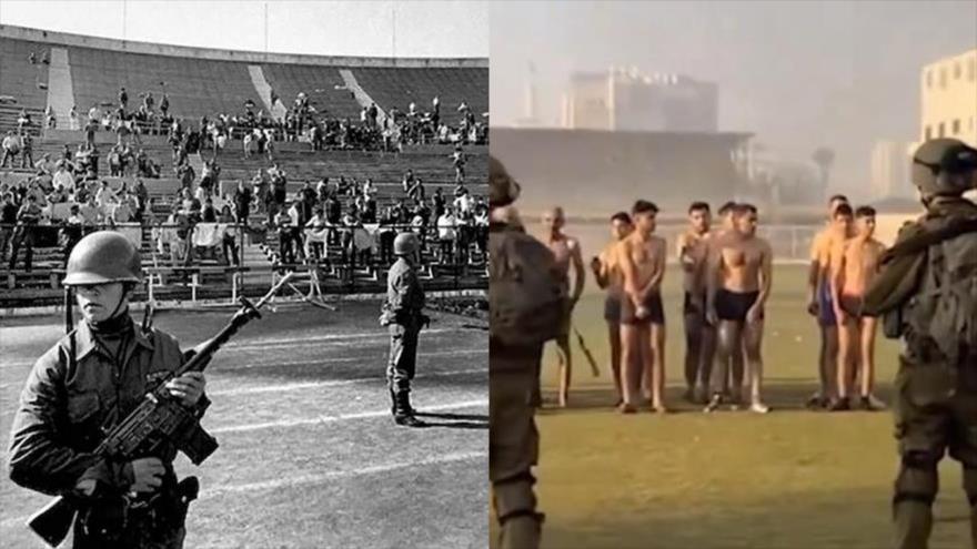 Un grupo de detenidos palestinos desnudados rodeados por los soldados israelíes en un estadio de Gaza (dcha.), y el Estadio Chile durante la dictadura de Augusto Pinochet (izq.).