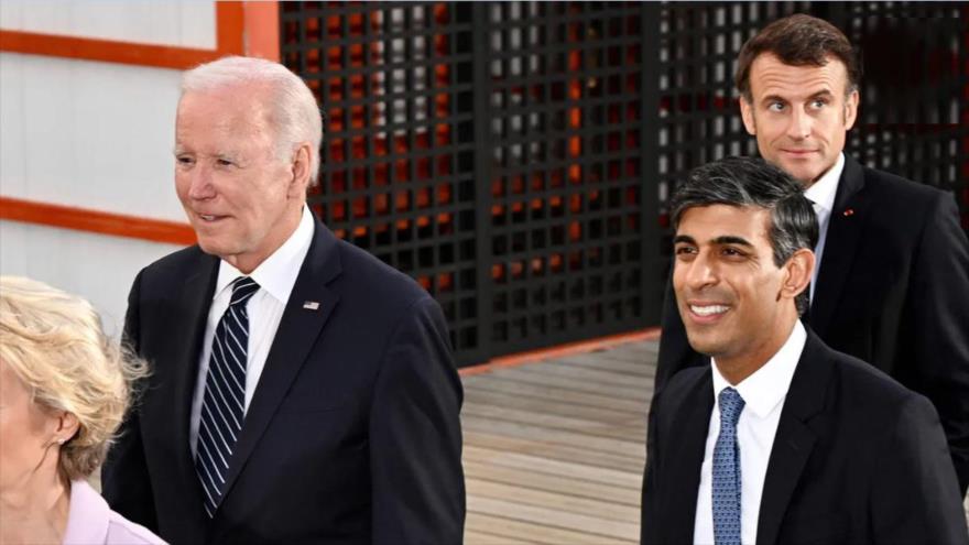 El presidente de EE.UU. Joe Biden, y sus pares de Francia, Emmanuel Macron, y el primer ministro del Reino Unido, Rishi Sunak, en la cumbre del G7 en Hiroshima, 19 de mayo de 2023.