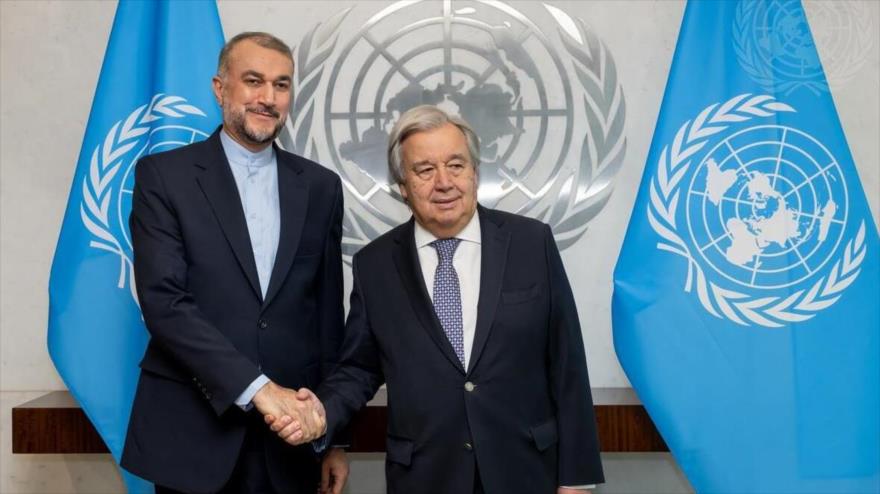 El canciller iraní, Hosein Amir Abdolahian (izda.), reunido con el secretario general de la ONU, António Guterres, 23 de septiembre de 2023. (Foto: un)
