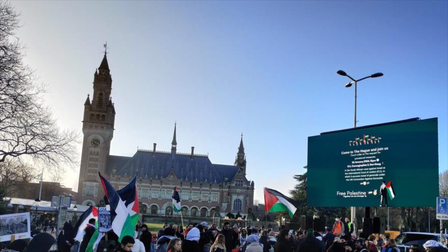 Se congregan frente a la Corte Internacional de Justicia (CIJ) en apoyo a Palestina, La Haya, 26 de enero de 2024.