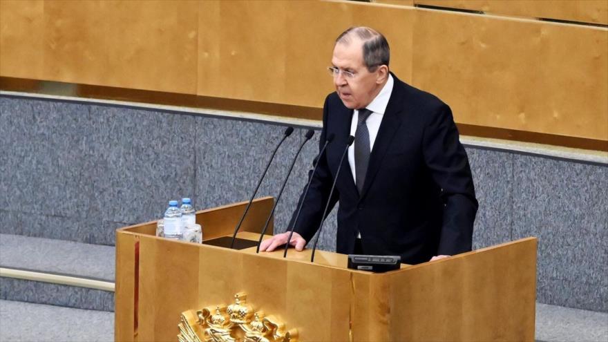 El canciller ruso, Serguéi Lavrorv, en una intervención ante la Duma Estatal.