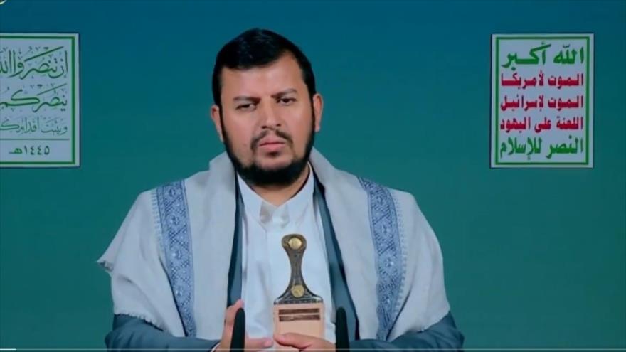 El líder del movimiento popular Ansarolá de Yemen, Seyed Abdulmalik Badreddin al-Houthi, en un discurso televisado, 15 de febrero de 2024.