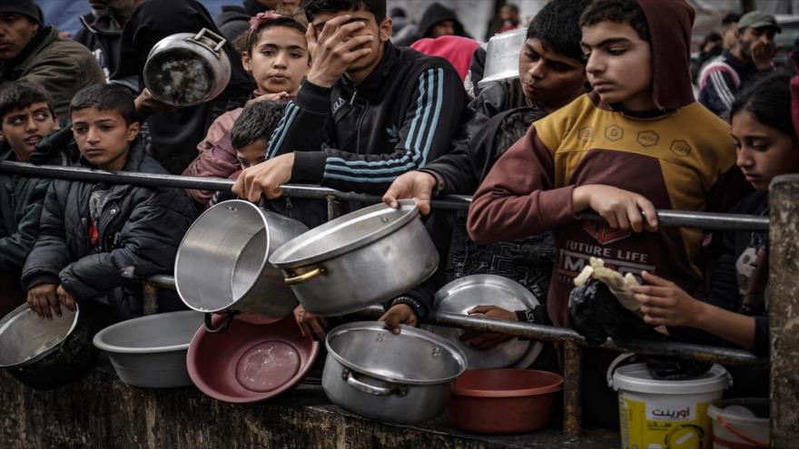 Niños palestinos esperan en fila para recibir comida preparada por voluntarios en Rafah, en el sur de Gaza, 10 de febrero de 2024. (Foto: Anadolu)