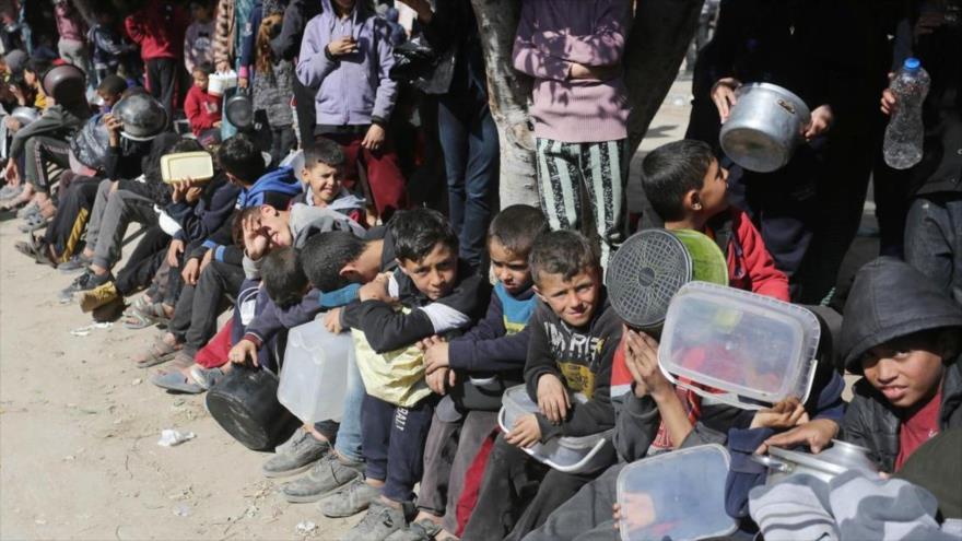 Niños haciendo fila para conseguir algo de comida en Gaza. Foto: UNRWA España