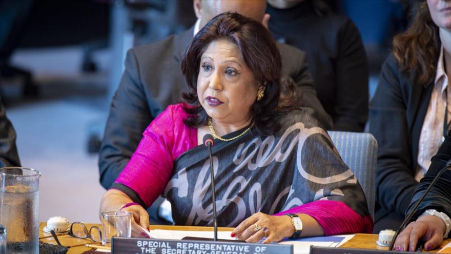 Pramila Patten, representante especial de la ONU sobre la violencia sexual en los conflictos, se dirige a la reunión del Consejo de Seguridad, 23 de abril de 2019.
