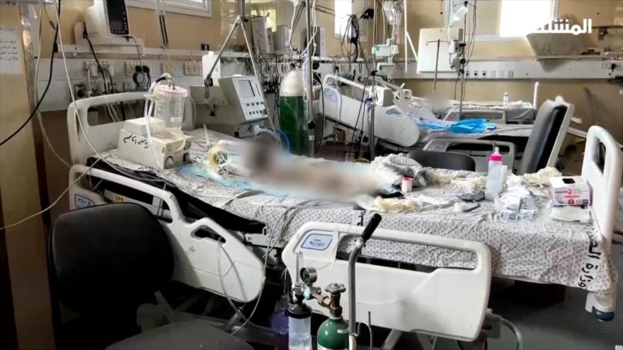 Los cuerpos de bebés en descomposición en camas de hospital dentro de la sala de UCI del hospital Al-Nasr en el norte de Gaza.
