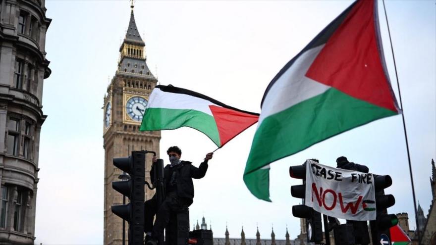 Manifestantes piden una tregua en Gaza en una protesta frente al Parlamento británico en Londres, enero de 2024 (Foto: AFP)
