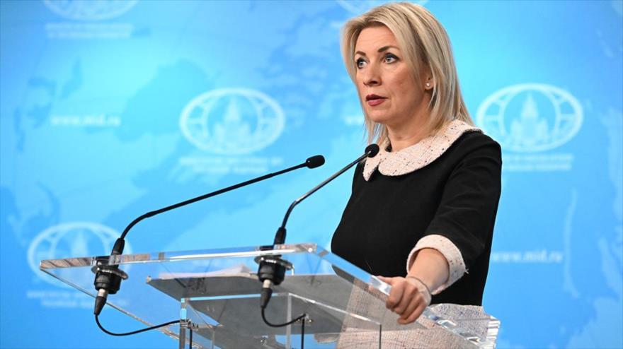 La portavoz de la Cancillería de Rusia, María Zajárova, durante una rueda de prensa.