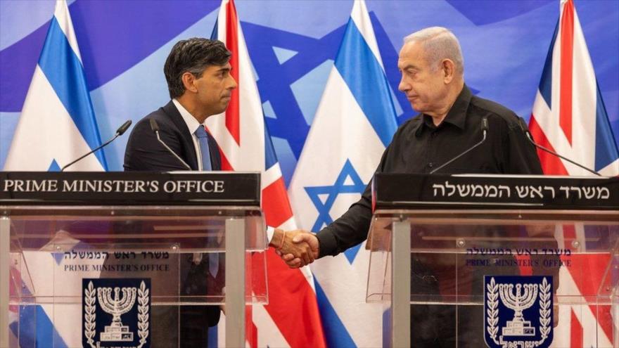 El primer ministro británico, Rishi Sunak (izda.), y su par del régimen israelí, Benjamín Netanyahu, Al-Quds (Jerusalén), 23 de octubre de 2023.