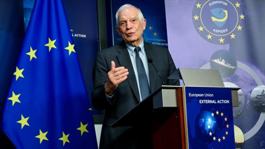 El jefe de Política Exterior de la Unión Europea (UE), Josep Borrell, habla durante una rueda de prensa en Bruselas, 8 de abril de 2024. (Foto: AFP)
