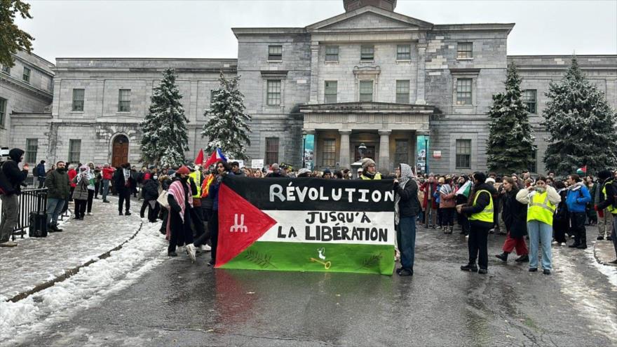 Un grupo de estudiantes de la Universidad McGill (Canadá) se solidariza con el pueblo de Gaza durante una protesta en el campus, noviembre de 2023.