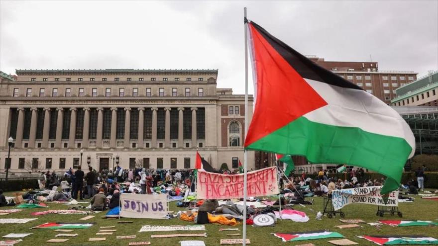 Los estudiantes acampados en el campus de la Univirsidad de Yale que exigen fin de guerra en Gaza, 20 de abril de 2024.