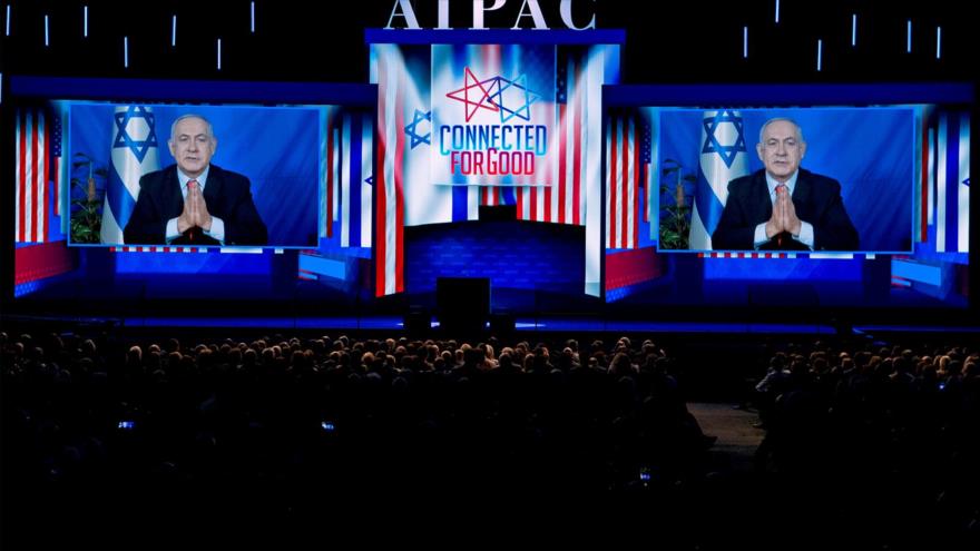 El primer ministro israelí, Benjamín Netanyahu, habla en un video en la conferencia política del Comité de Asuntos Públicos Estadounidense-Israelí (AIPAC).