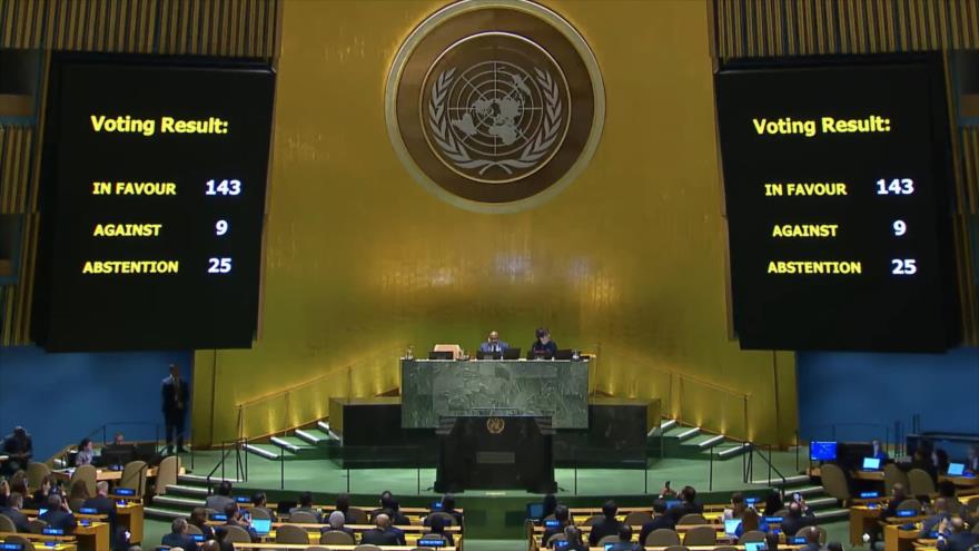 AGNU vota a favor de la adhesión de Palestina como Estado miembro de la ONU, 10 de mayo de 2023.