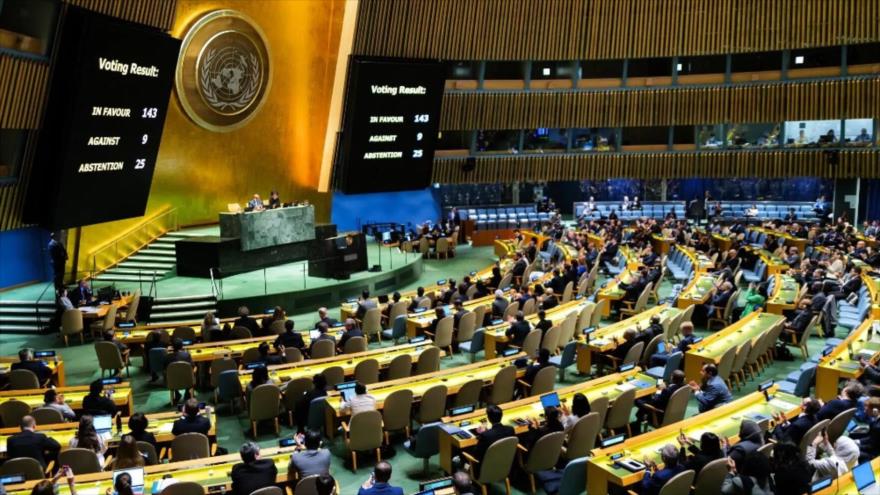 AGNU vota a favor de la adhesión de Palestina como Estado miembro de la ONU, 10 de mayo de 2023.
