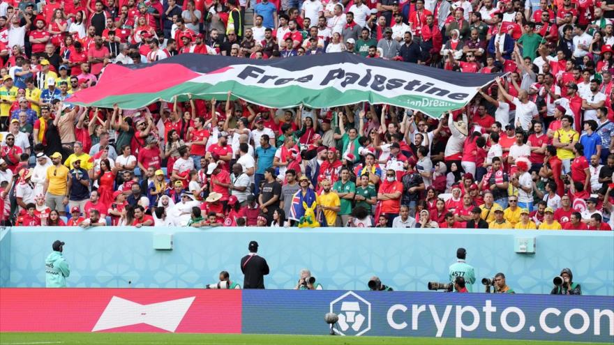 Los aficionados tunecinos sostienen una pancarta que dice “Palestina libre” durante el partido de fútbol del Mundial de la FIFA Catar 2022.
