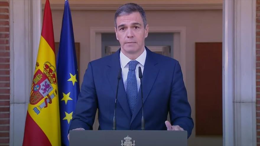 El presidente del Gobierno de España, Pedro Sánchez, en una comparecencia en el Complejo de la Moncloa, 28 de mayo de 2024.