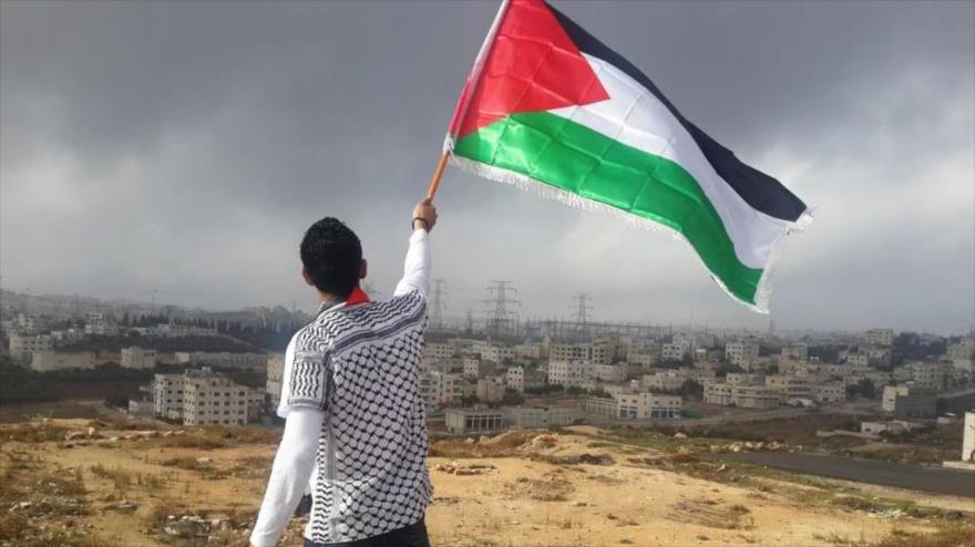 Un hombre ondeando bandera de Palestina cerca de los asentamientos ilegales de Israel. 