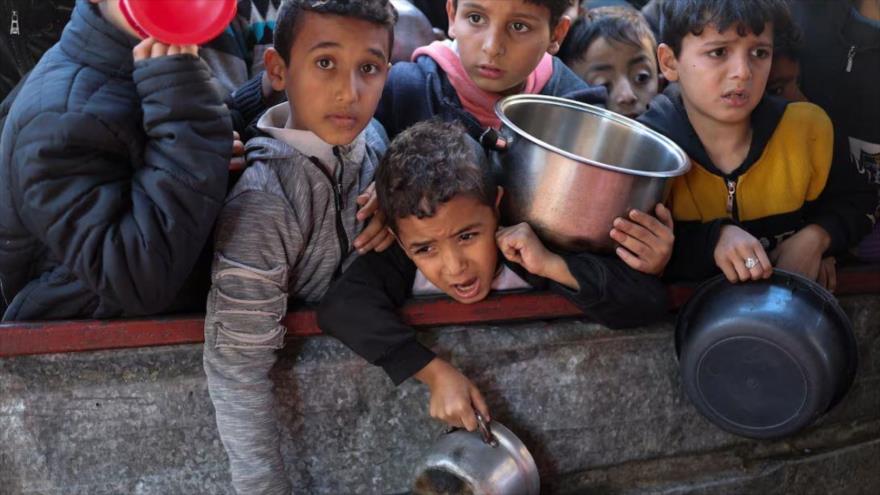 Los niños palestinos en la cola de recibir comida en Rafah, sur de Gaza, 5 de febrero de 2024. 