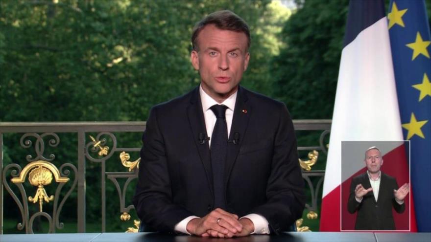 El presidente de Francia, Emmanuel Macron, anuncia la disolución de la Asamblea Nacional, 9 de junio de 2024.