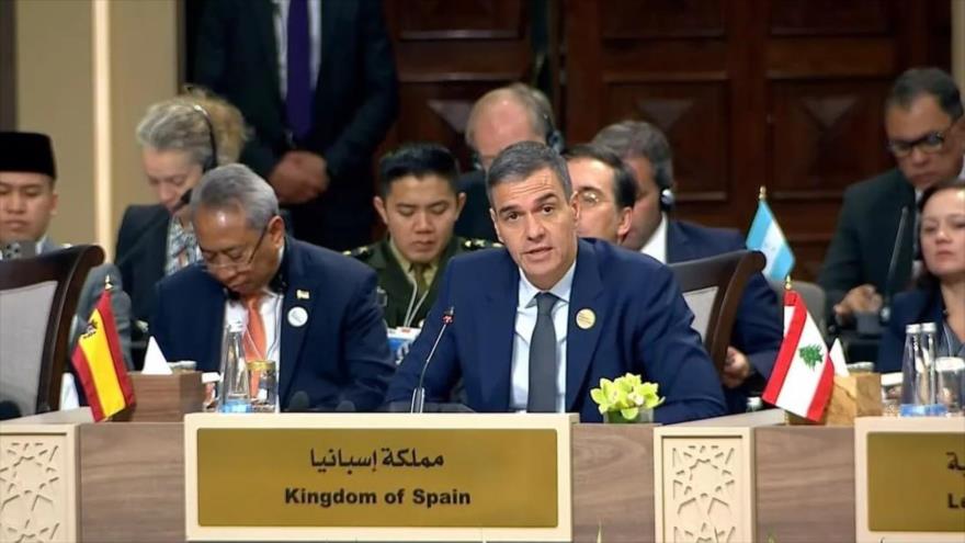 El presidente del Gobierno español, Pedro Sánchez, en la conferencia internacional de respuesta de emergencia para Gaza, Jordania, 11 de junio de 2024.