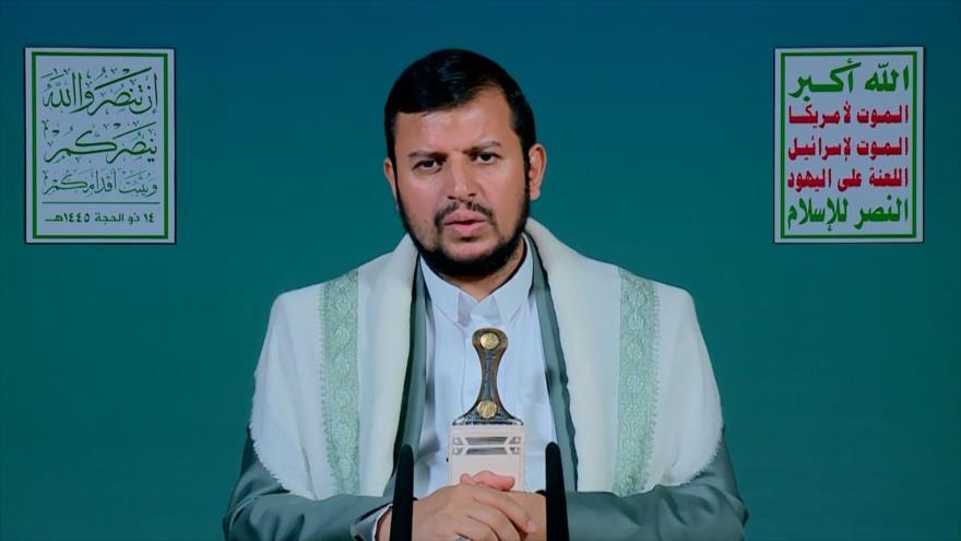 El líder del movimiento popular Ansarolá de Yemen, Seyed Abdulmalik Badreddin al-Houthi, ofrece un discurso, 20 de junio de 2024.